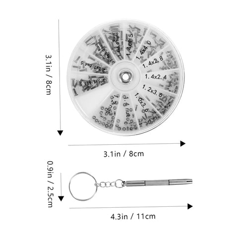 Eyeglass Repair Kit With Screws And Mini Screwdriver And Storage Case Dope Handy Tool shown with round case and screwdriver dimensions