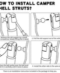 Installation guide for Heavy Duty Gas Struts, showing steps to replace camper shell struts for trucks and RVs.