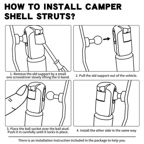 Installation guide for Heavy Duty Gas Struts, showing steps to replace camper shell struts for trucks and RVs.