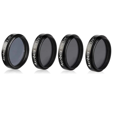 Set of 1.25 Inch Moon Filter Kit for Telescope with ND4 ND8 ND16 ND32 lenses, aluminum frame, for lunar detail enhancement.