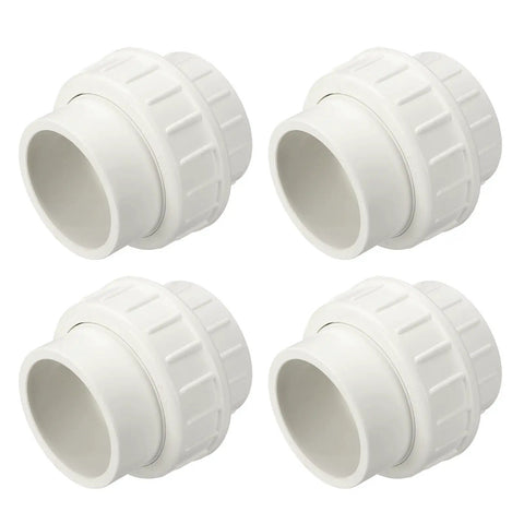 Four Pack 2 Inch PVC Union Coupling Fittings Slip Socket To Socket SCH 40 Furniture Grade White For Leak Free Pipe Connection