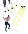 Alignment Sticks For Golf Swing Trainer Kit For Indoor And Outdoor Practice Adjustable Rods To Fix Slice Improve Posture Ball Position And Over The Top Swing With Instant Visual Feedback in use by golfer.