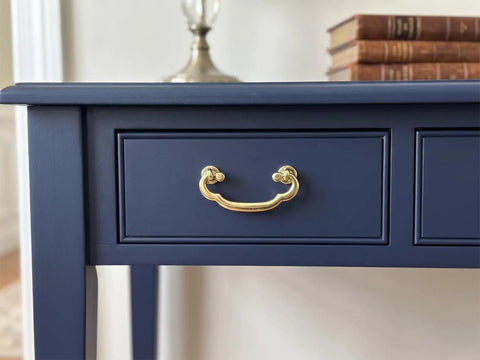 Blue desk with Vintage 1.8 Inch Center To Center Bail Drop Pull Cabinet Handle For Small Drawers Zinc Die Cast Brass Plated