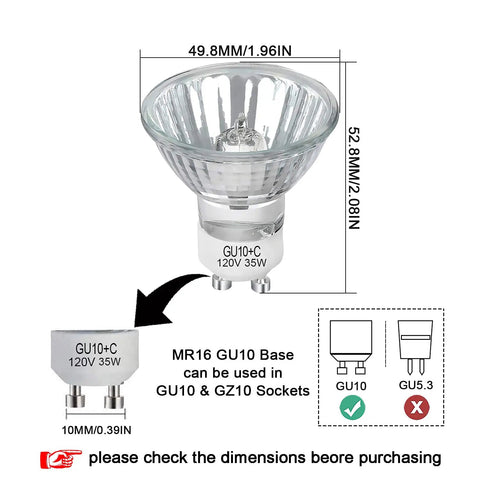 Six Pack GU10 35W Halogen Bulbs 120V Dimmable Warm White 2700K 380 Lumens, side and socket views, dimensions labeled