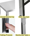 Heavy Duty Stainless Steel Workbench With Beefy Reinforced Crossbars And Folded Safety Edges For Rock Solid Kitchen Prep Or Warehouse Packing Projects close-up of thickened countertop and reinforced table legs.