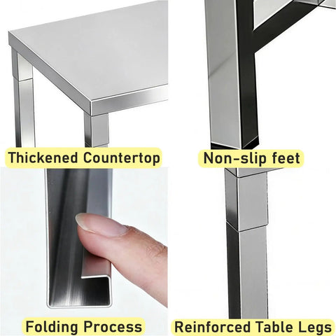 Heavy Duty Stainless Steel Workbench With Beefy Reinforced Crossbars And Folded Safety Edges For Rock Solid Kitchen Prep Or Warehouse Packing Projects close-up of thickened countertop and reinforced table legs.