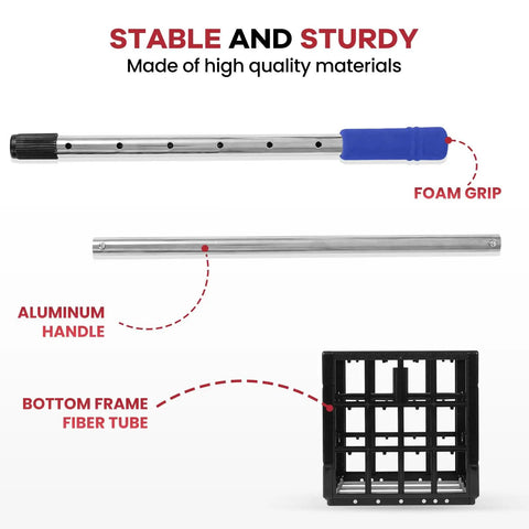 Large Capacity Golf Ball Retriever Telescopic Grabber With Cage Scoop Basket components showing handle, grip, and frame.
