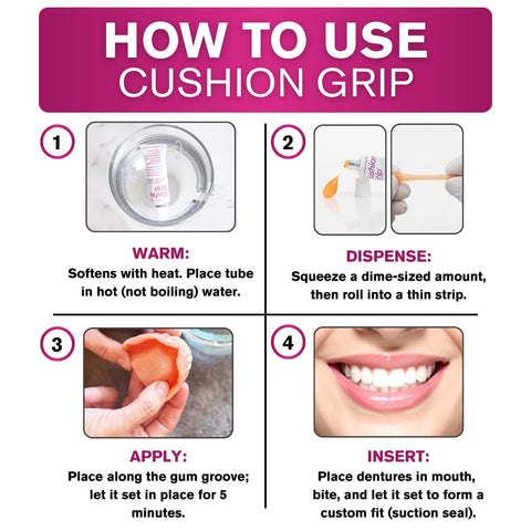 Instructions for using Thermoplastic Denture Adhesive That Refits And Tightens Loose Dentures For A Long Lasting Snug Fit, 1 oz