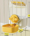 No Stress Hanging Pet Food And Water Bowl Combo For Cats Dogs And Small Rabbits Gravity Powered Cage Mounted Dispenser Holds 37 Oz shown mounted with yellow tray