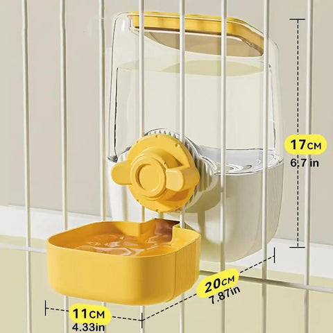 No Stress Hanging Pet Food And Water Bowl Combo For Cats Dogs And Small Rabbits Gravity Powered Cage Mounted Dispenser Holds 37 Oz shown mounted with yellow tray