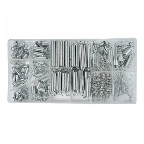 Assorted Extension Springs Kit 200 Pcs Metal Tension Springs for home appliances, organized in plastic box compartments.