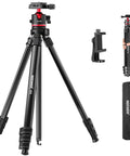 Travel Tripod For Camera And Phone, 66.5 Inch Tall Aluminum Stand With Ball Head, Arca Type Quick Release Plate, Phone Holder, TP12