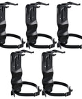 Set of five black rust-resistant steel wall brackets for extinguishers, Heavy Duty Fire Extinguisher Bracket Set Of Five For Easy Wall Mounts In Home, Vehicle, And Boat, Black Rust Resistant Steel, Holds Extinguishers Up To 4.5 Inch Diameter, Bracket Size 9 By 2.6 Inches.