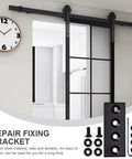 Sliding Barn Door Track Connection Plates Kit Black Carbon Steel Straight Brace Joints No Fuss Easy Install Connector Set For Smooth Door Mounting And Frame Fixes, showing installed black barn door and connection hardware.