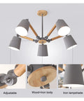 Fresh Modern Five Arm Pendant Light With Wooden And Metal Shade Adjustable Dining Hanging Lamp E27 Socket Smooth Glow For Contemporary Living Spaces Real Deal Ceiling Fixture with adjustable arms and grey lampshades.