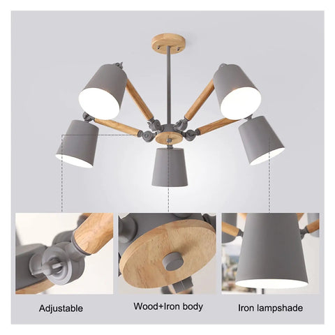 Slick Five Arm Adjustable Pendant Lights With Natural Wood And Brushed Metal Lampshades Perfect For Modern Dining Rooms showcasing adjustable design and wood accents.