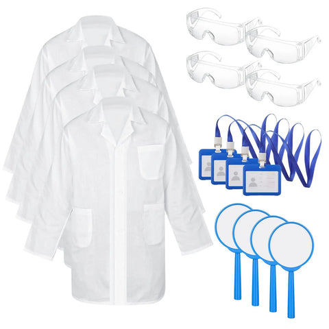 16 Piece Kid Friendly Lab Coat Costume Kit With White Coats Goggles ID Card Holders And Magnifiers For Science Play Doctor Dress Up Halloween Cosplay And Classroom Projects in a set
