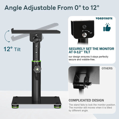 Desktop Speaker Stands Pair For Studio Monitors With 12 Degree Tilt showing tilt adjustment and height adjustment.