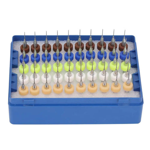 50 Pcs PCB Drill Bits Set 0.5-0.9mm Carbide Spiral Flute Pro Grade Bits organized in a white box with assorted colors