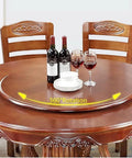 Premium Solid Wood 24 Inch Round Lazy Susan Rotating Serving Tray For Dining Table Kitchen Hosting Essentials Brown Finish on table.
