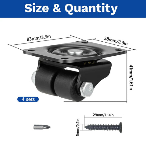 1 Inch Caster Wheels Set Of 4 Heavy Duty Swivel Casters For Furniture With Low Profile Design and dimensions showing sizes and screws.