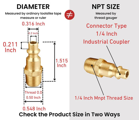 Comparison of diameter and NPT size for brass fitting from Pro Grade Industrial Type D 14 Piece Quick Connect Air Fittings Kit 1/4 Inch NPT Solid Brass.