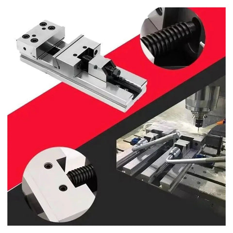 Heavy Duty 6 Inch Manual Tool Maker Vise Offering Beefy Clamping Force For Benchtop CNC Milling Grinding And Precision Woodworking Tasks With Dead Simple Workpiece Alignment. Close-up of sliding mechanism and clamping jaws.