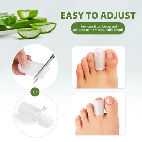 Silicone Toe Protectors Set 12 Pack Gel Toe Sleeves With Aloe Vera Essential Oils in use on two toes and being cut to size