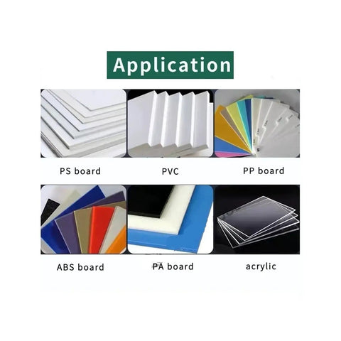 Application display of various board types including PS board, PVC, PP board, ABS board, PA board, and acrylic.