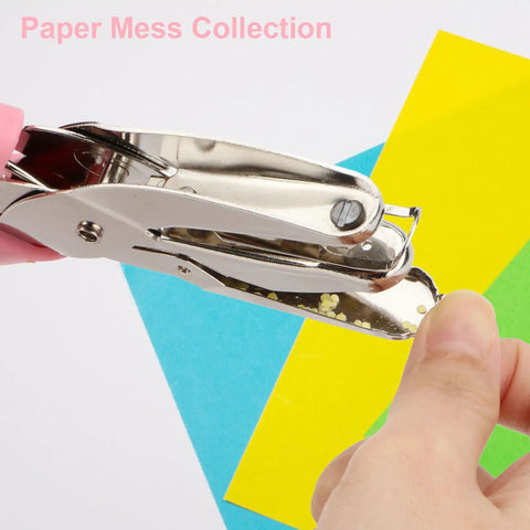 Handheld 1/16 Inch Circle Hole Puncher with Soft Grip punching colorful paper, metal build, cushioned pink handle visible