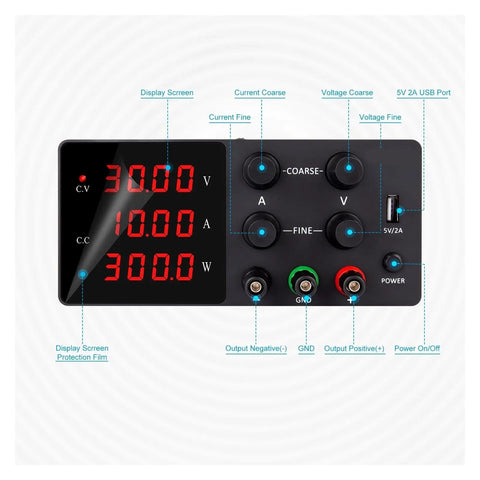 30V 10A Digital Display Adjustable DC Power Supply With Pro Grade Precision Voltage And Current Control For Aging Circuit Testing And Repair Tasks, Built In Overvoltage And Safety Protections For Sensitive Electronics, front panel view