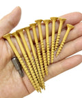 100 Piece Carbon Steel Flat Head Wood Screws Set In Sizes 8 9 10 M2x4 Self Tapping For Quick Rock Solid Wood Joints Your Go To Diy Fasteners For Cabinets Furniture And Everyday Woodworking Projects, gold screws in hand