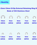 250 Piece Stainless Steel E Clip External Retaining Ring Assortment Kit Ten Metric Sizes From 1.5mm To 10mm With 25 Pieces Each