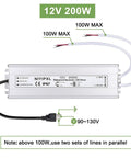 Heavy Duty 200W IP67 Waterproof LED Power Supply 90V To 130V AC To 12V DC Transformer With 3 Prong Plug and 3.3 Foot Cable