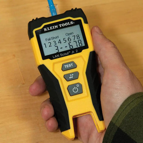 LAN Scout Jr 2 Ethernet Cable Tester for CAT5e CAT6 CAT6A RJ45 cables with backlit LCD wiremap held in hand