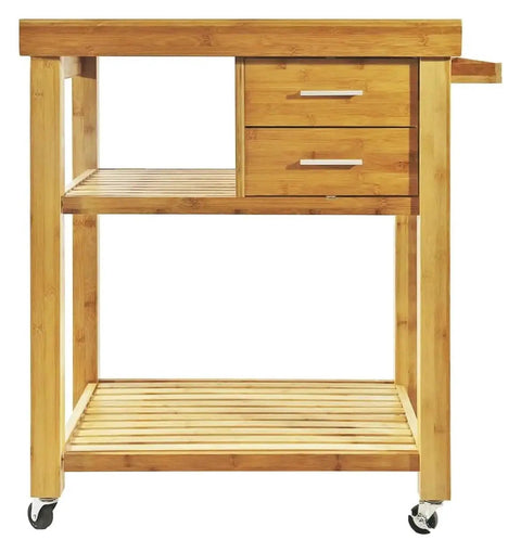 Slick Rolling Kitchen Island Cart With Thick Butcher Block Top Deep Storage Drawers Roomy Open Shelves Handy Towel Rail And Smooth Glide Locking Casters For Stress Free Hosting Prep