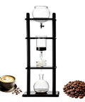 Large Capacity Cold Brew Coffee Maker Tower With 1000ml Vertical Glass Carafe And Solid Wood Stand, coffee brewing setup.