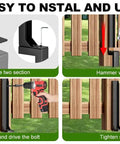 Heavy Duty Fence Post Repair Kit With Reinforced Steel Anchors To Square Up Lean Wooden Posts And Sturdy 4 Pack Yard Fixing Set installation guide images showing steps for easy alignment and tightening.