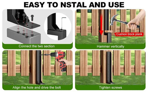 Heavy Duty Fence Post Repair Kit With Reinforced Steel Anchors To Square Up Lean Wooden Posts And Sturdy 4 Pack Yard Fixing Set installation guide images showing steps for easy alignment and tightening.