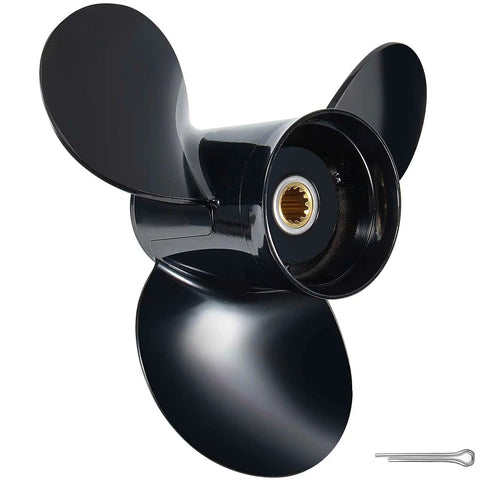 Beefy Aluminum Boat Outboard Propeller For BRP Johnson Evinrude OMC Stern Drives Right Hand Rotation Diameter Thirteen And Three Quarter Inch By Fifteen Inch Pitch 13 Spline Fits 40 To 140HP Evinrude Engines Reference 765182, black 3-blade propeller, viewed from the side, focus on blade design and 13 spline hub.