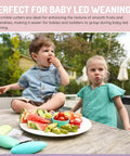 melii stainless steel crinkle cutters, 3-pack in blue, mint and lime; vegetable cutters shown with a fruit plate.