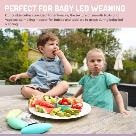 melii stainless steel crinkle cutters, 3-pack in blue, mint and lime; vegetable cutters shown with a fruit plate.