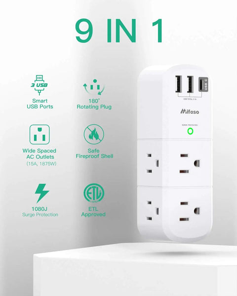 Rotating Plug Outlet Extender With Surge Protector 1800 Joules, 6 AC Outlets And 3 USB Ports USB-C Fast Charge, 3-Sided Swivel Power Strip For Home Travel Dorm Room Essentials