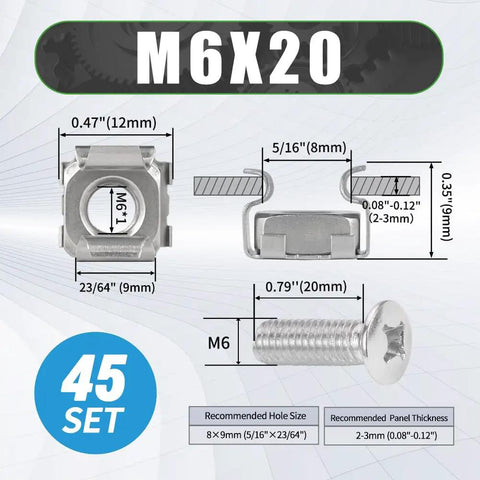 Diagram of M6x20 screw and cage nut dimensions for 45 Pack Rack Mount Cage Nuts Kit with M6x20mm Screws and Black Nylon Washers.