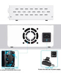 Back view of 7 Modes 120V 3A Adjustable Bench Power Supply showing cooling fan and fuse box with intelligent cooling feature.