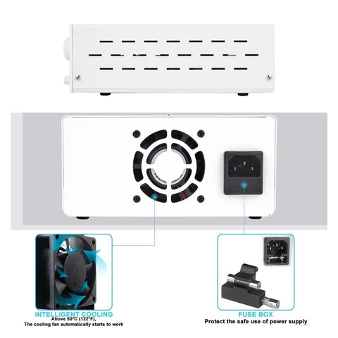 Back view of 7 Modes 120V 3A Adjustable Bench Power Supply showing cooling fan and fuse box with intelligent cooling feature.