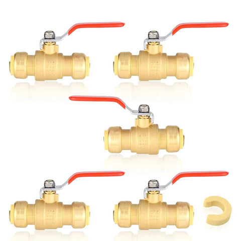 Three Quarter Inch Push Fit Ball Valve With Drain Full Port Brass Shut Off For Plumbing Fittings Copper Pex CPVC Pipe Pack Of Five