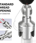 All In One Drill Driven Pipe Threader And Wrench For PVC And Water Pipes Universal Half Inch Three Quarters Inch And One Inch Pipe Opener With Internal And External Threading Fast Diy Plumbing Repair Tool Set For Home Or Pro showing standard thread opening close-up.