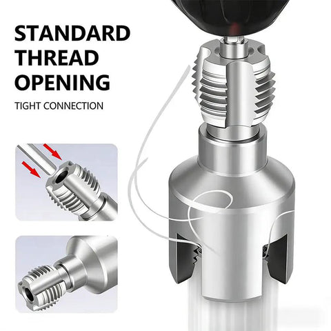 All In One Drill Driven Pipe Threader And Wrench For PVC And Water Pipes Universal Half Inch Three Quarters Inch And One Inch Pipe Opener With Internal And External Threading Fast Diy Plumbing Repair Tool Set For Home Or Pro showing standard thread opening close-up.