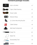 Ride Ready 6 Inch LTE 4G Motorcycle GPS Navigation package contents list with various components including AIO-6 LTE/MAX